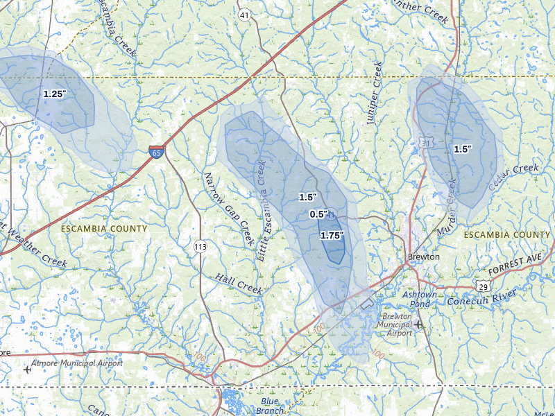NEXRAD radar-signature map of the hail storm over Brewton, AL on Aug 21, 2026