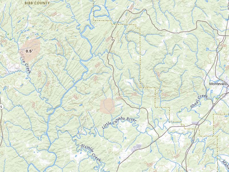 Radar-estimated hail-size map of the storm over Brierfield, AL on Jul 9, 2026