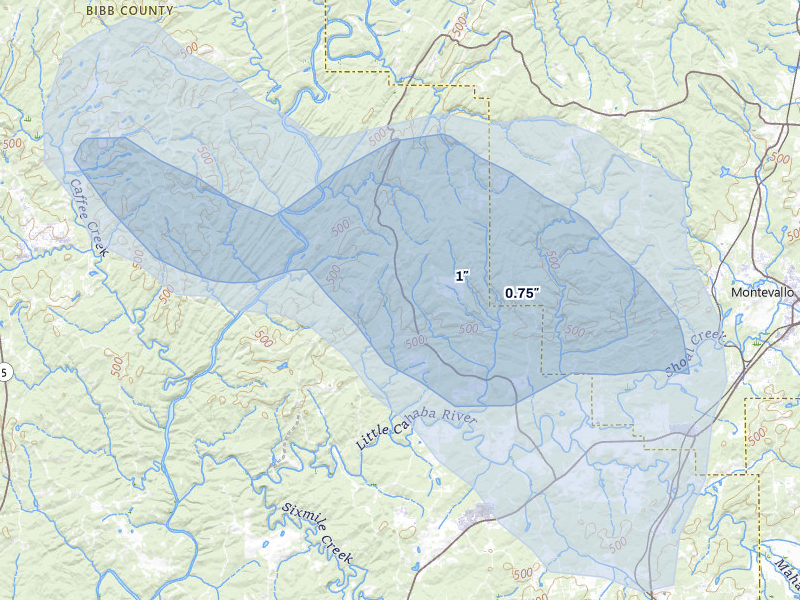 NEXRAD radar-signature map of the hail over Brierfield, AL