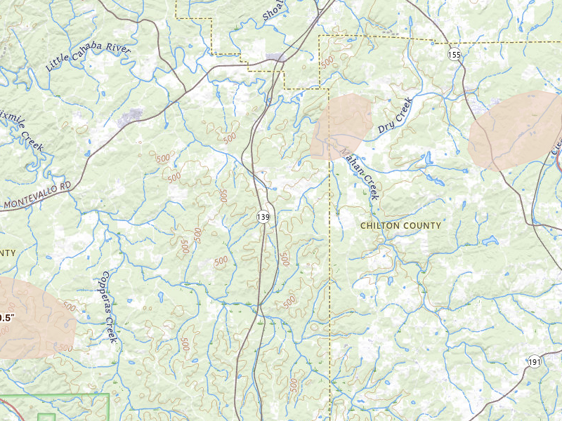 Radar-estimated hail-size map of the storm over Brierfield, AL on Aug 20, 2026
