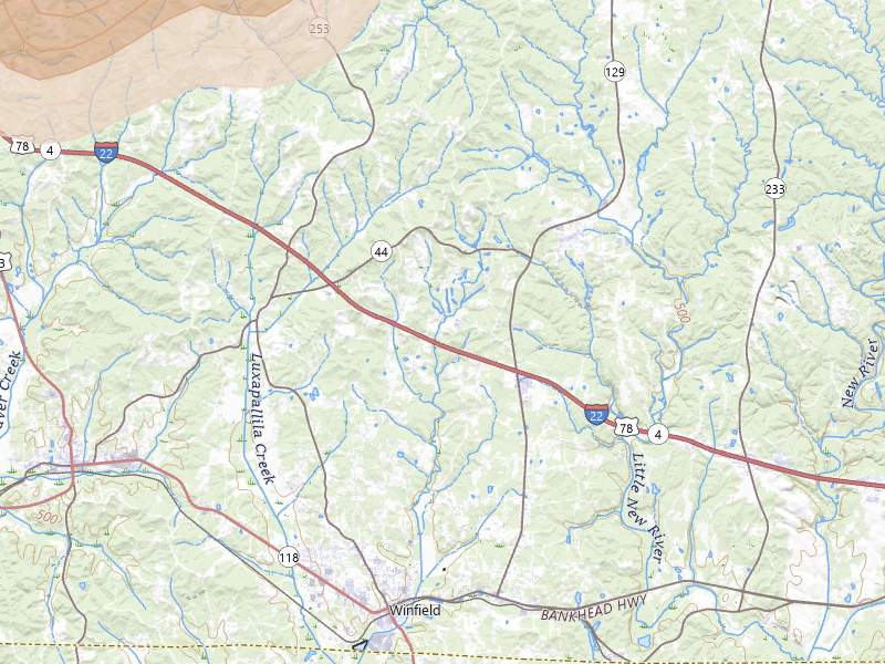 Radar-estimated hail-size map of the storm over Brilliant, AL on Apr 28, 2026