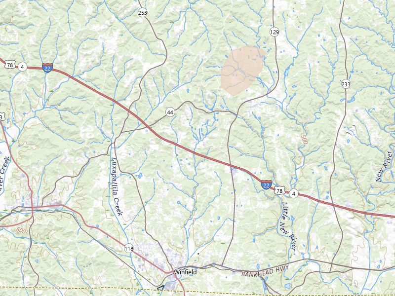 Radar-estimated hail-size map of the storm over Brilliant, AL on Jun 1, 2026