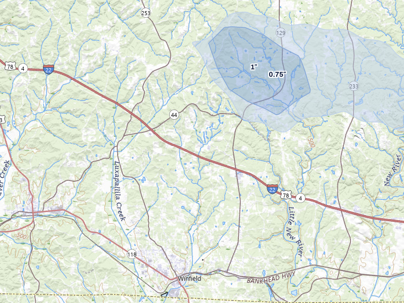 NEXRAD radar-signature map of the hail storm over Brilliant, AL on Jun 1, 2026