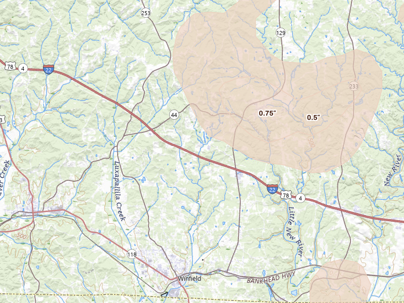 Radar-estimated hail-size map of the storm over Brilliant, AL on Jul 1, 2026