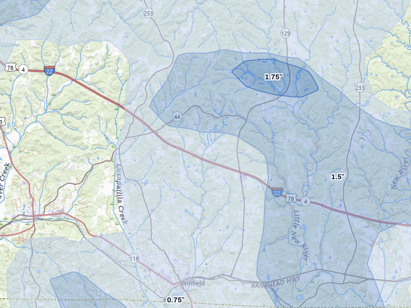 NEXRAD radar-signature map of the hail storm over Brilliant, AL on Jul 1, 2026