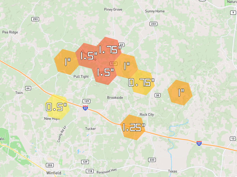 Hail map of Brilliant, AL on Jul 1, 2026, hail up to 1.75"