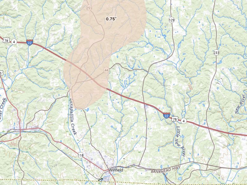 Radar-estimated hail-size map of the storm over Brilliant, AL on Jul 4, 2026