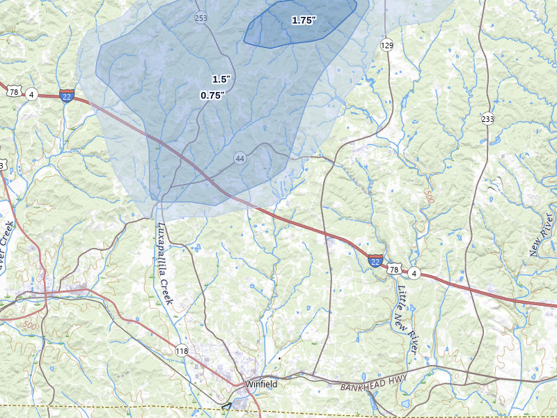 NEXRAD radar-signature map of the hail over Brilliant, AL