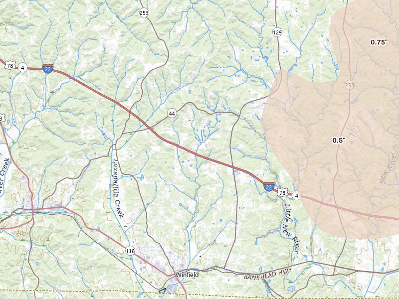 Radar-estimated hail-size map of the storm over Brilliant, AL on Jul 26, 2026