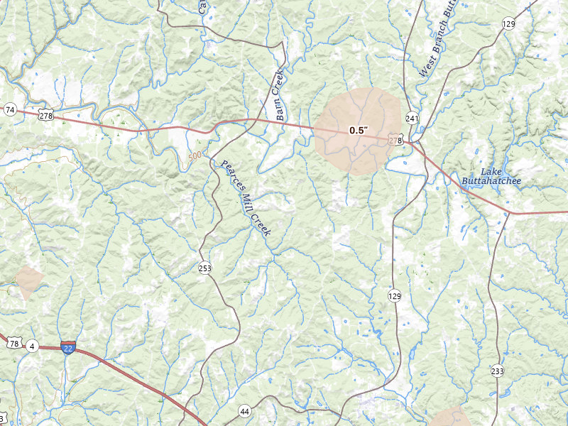 Radar-estimated hail-size map of the storm over Brilliant, AL on Aug 8, 2026