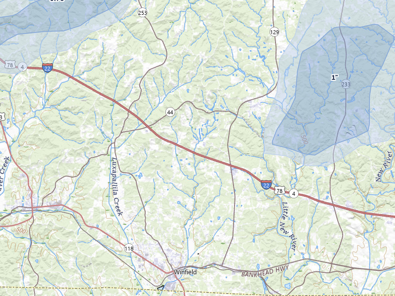 NEXRAD radar-signature map of the hail storm over Brilliant, AL on Aug 8, 2026