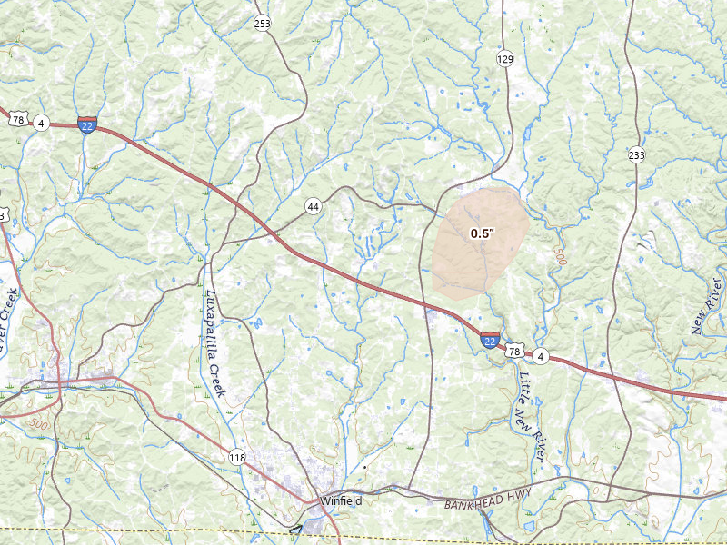 Radar-estimated hail-size map of the storm over Brilliant, AL on Aug 9, 2026