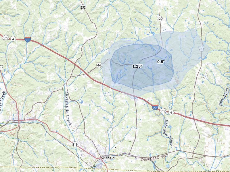 NEXRAD radar-signature map of the hail storm over Brilliant, AL on Aug 9, 2026