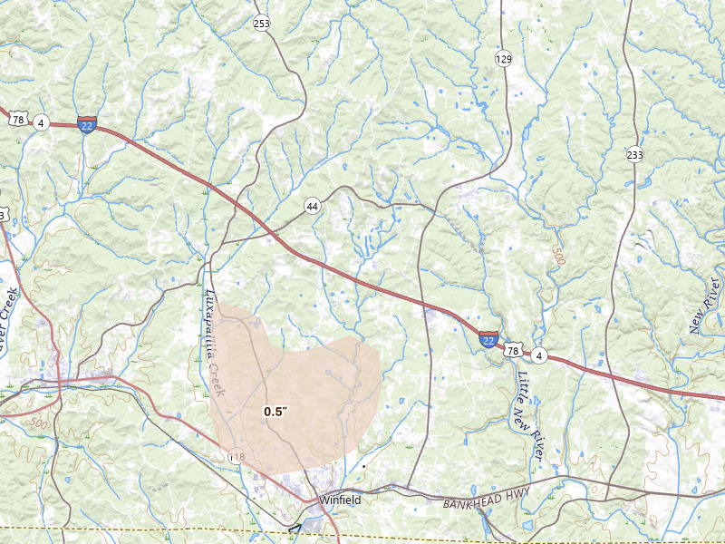 Radar-estimated hail-size map of the storm over Brilliant, AL on Aug 17, 2026