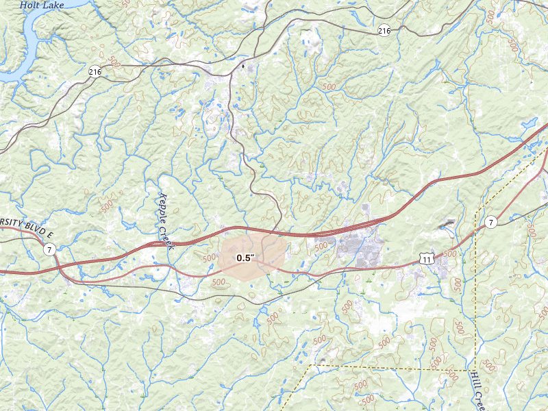 Radar-estimated hail-size map of the storm over Brookwood, AL on Jul 31, 2026