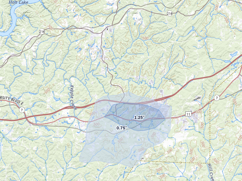 NEXRAD radar-signature map of the hail storm over Brookwood, AL on Jul 31, 2026