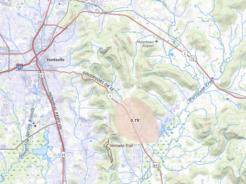 Radar-estimated hail-size map of the storm over Brownsboro, AL on Jul 19, 2026