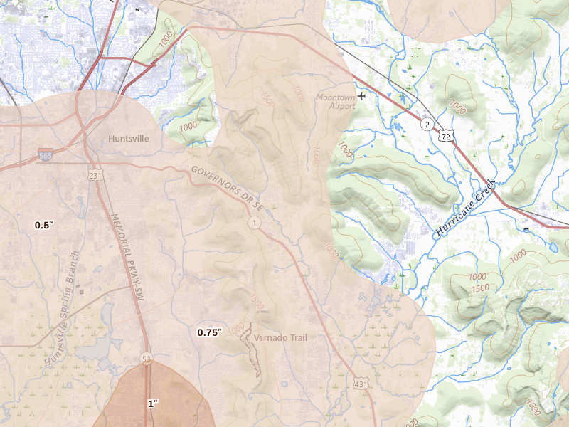 Radar-estimated hail-size map of the storm over Brownsboro, AL on Aug 20, 2026