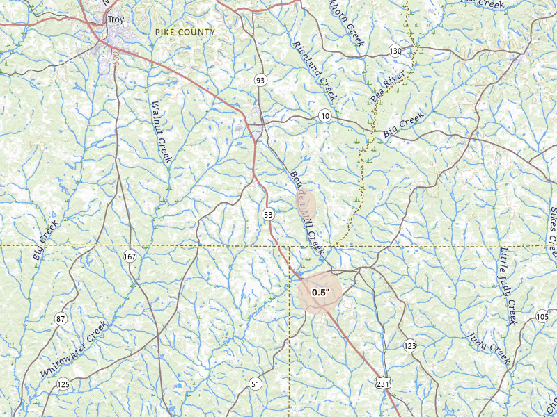 Radar-estimated hail-size map of the storm over Brundidge, AL on Aug 18, 2026