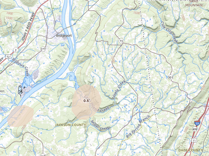 Radar-estimated hail-size map of the storm over Bryant, AL on Apr 27, 2026