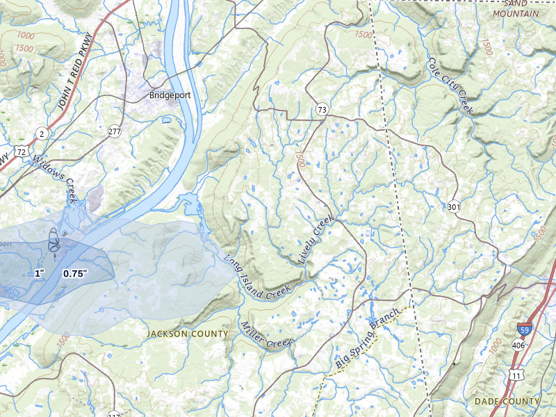 NEXRAD radar-signature map of the hail storm over Bryant, AL on Jul 11, 2026