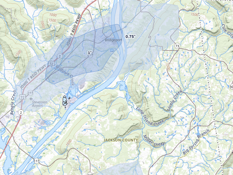 NEXRAD radar-signature map of the hail storm over Bryant, AL on Aug 1, 2026