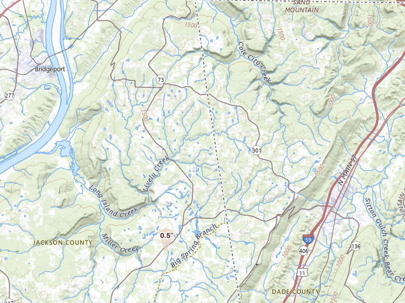 Radar-estimated hail-size map of the storm over Bryant, AL on Aug 6, 2026