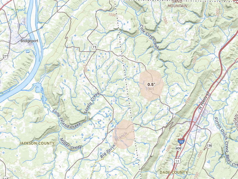 Radar-estimated hail-size map of the storm over Bryant, AL on Aug 7, 2026