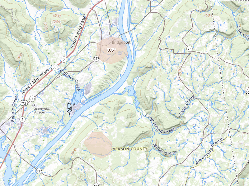 Radar-estimated hail-size map of the storm over Bryant, AL on Aug 13, 2026