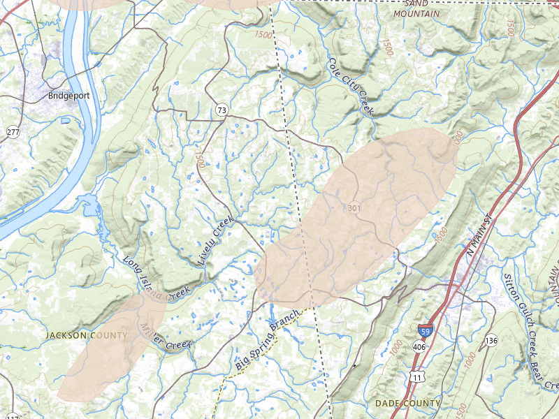Radar-estimated hail-size map of the storm over Bryant, AL on Aug 20, 2026