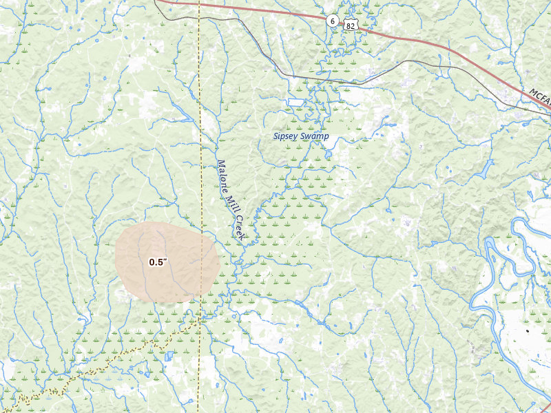 Radar-estimated hail-size map of the storm over Buhl, AL on Jun 1, 2026