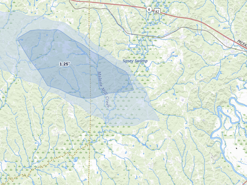 NEXRAD radar-signature map of the hail storm over Buhl, AL on Jun 1, 2026