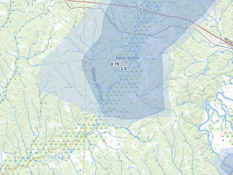 NEXRAD radar-signature map of the hail storm over Buhl, AL on Jul 1, 2026