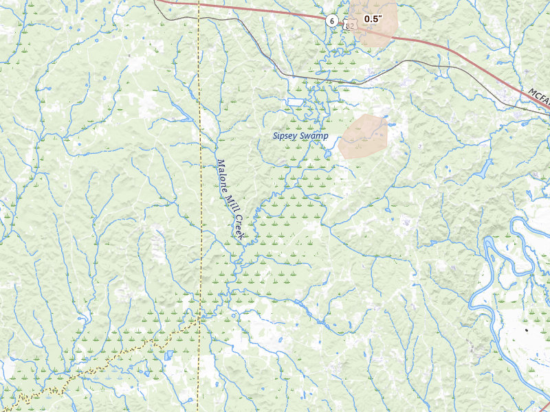 Radar-estimated hail-size map of the storm over Buhl, AL on Jul 3, 2026