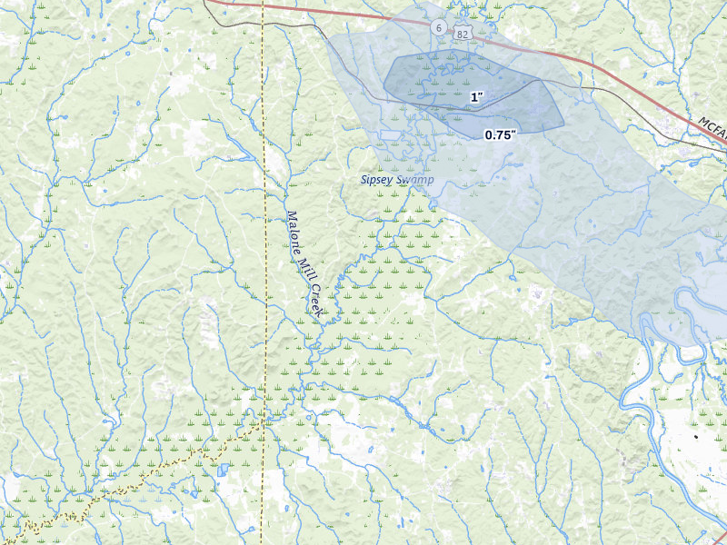 NEXRAD radar-signature map of the hail storm over Buhl, AL on Jul 3, 2026