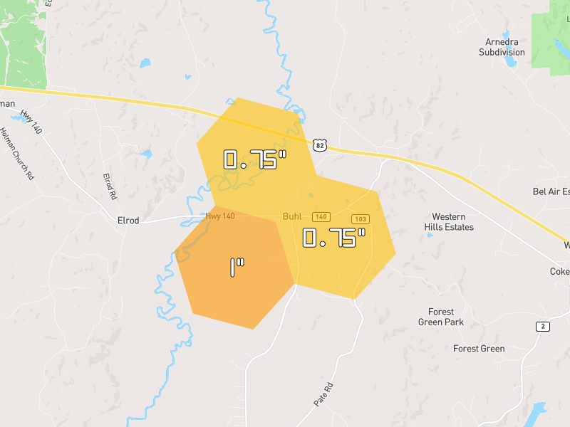 Hail map of Buhl, AL on Jul 3, 2026, hail up to 1"