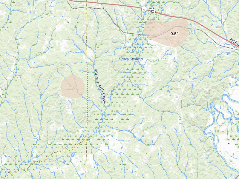 Radar-estimated hail-size map of the storm over Buhl, AL on Jul 31, 2026