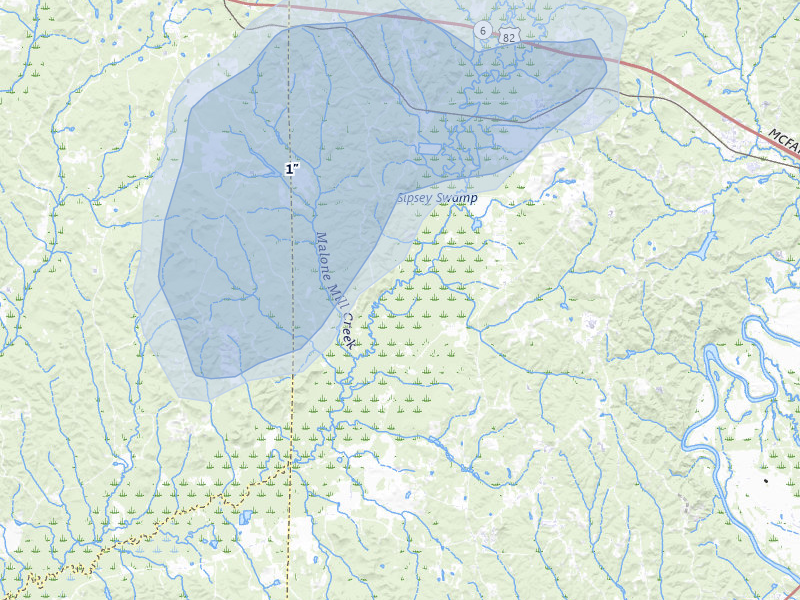 NEXRAD radar-signature map of the hail storm over Buhl, AL on Jul 31, 2026