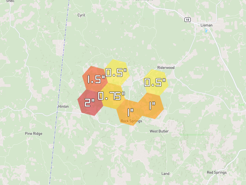 Hail map of Butler, AL on Jul 5, 2026, hail up to 2"