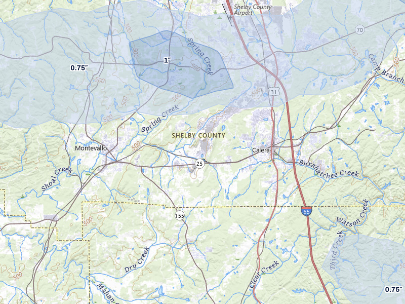 NEXRAD radar-signature map of the hail storm over Calera, AL on Jul 1, 2026