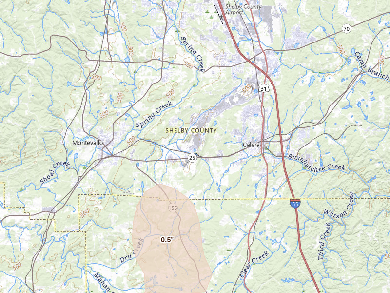 Radar-estimated hail-size map of the storm over Calera, AL on Jul 6, 2026