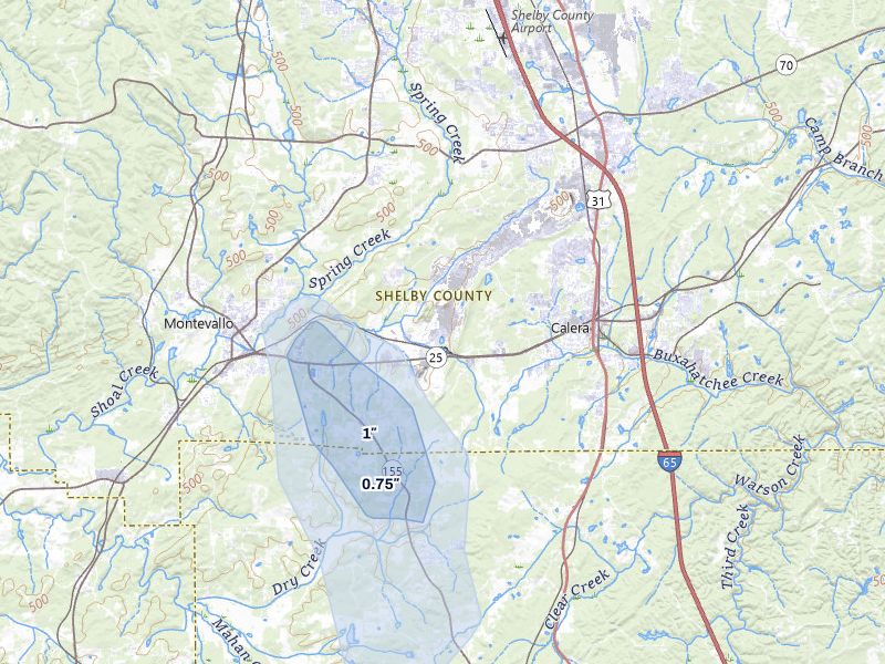 NEXRAD radar-signature map of the hail storm over Calera, AL on Jul 6, 2026