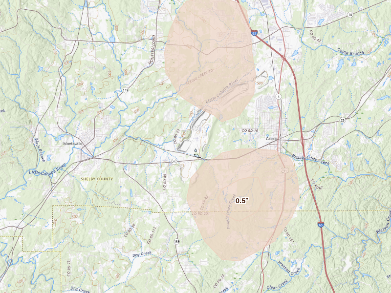 Radar-estimated hail-size map of the storm over Calera, AL