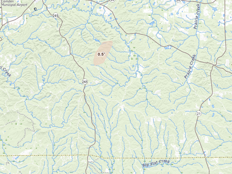 Radar-estimated hail-size map of the storm over Camden, AL on May 23, 2026
