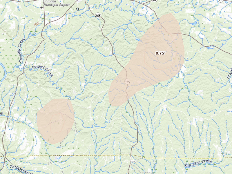 Radar-estimated hail-size map of the storm over Camden, AL on Aug 19, 2026
