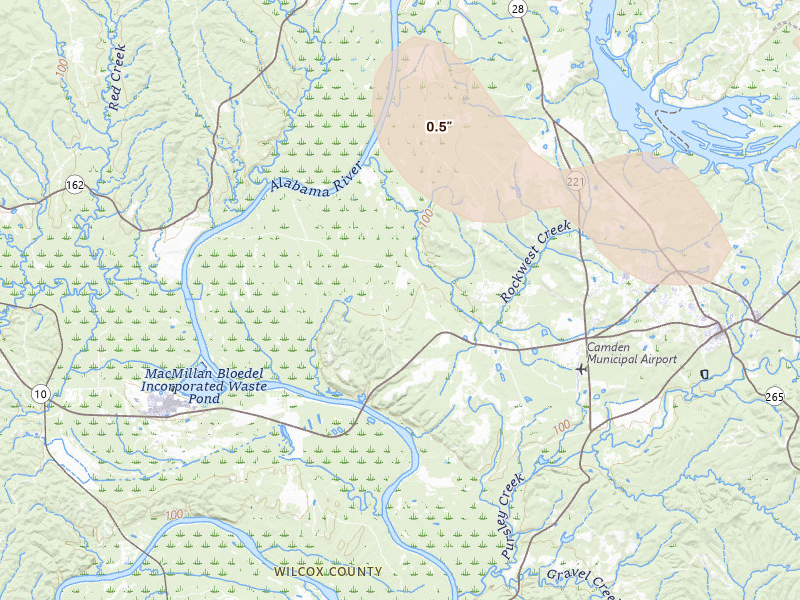 Radar-estimated hail-size map of the storm over Camden, AL on Aug 21, 2026