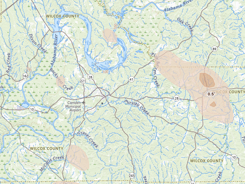 Radar-estimated hail-size map of the storm over Camden, AL on Aug 24, 2026
