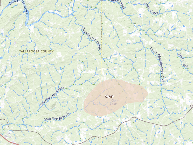 Radar-estimated hail-size map of the storm over Camp Hill, AL on Jul 9, 2026