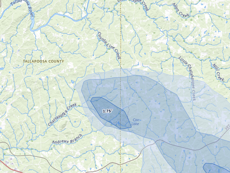 NEXRAD radar-signature map of the hail storm over Camp Hill, AL on Jul 9, 2026