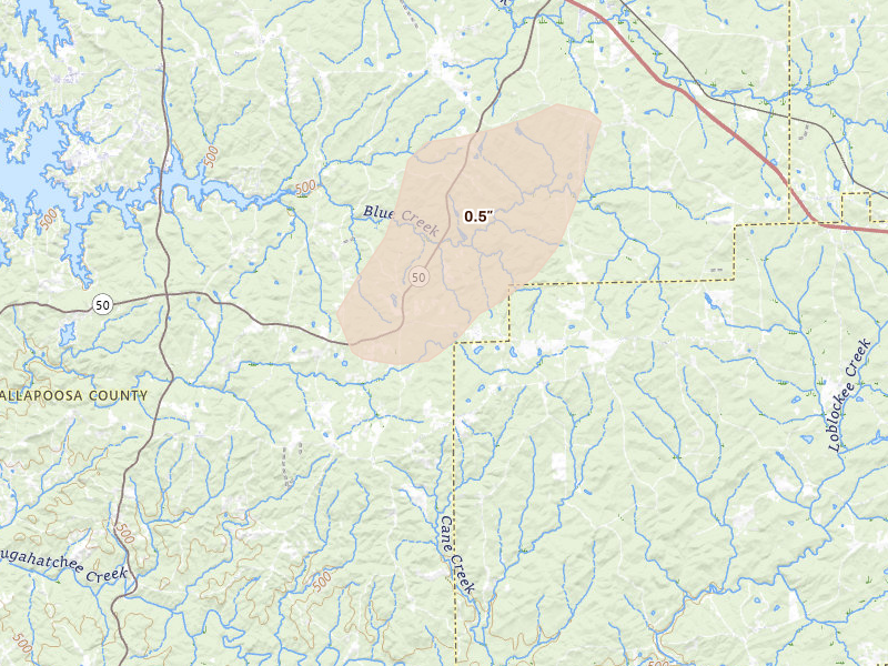 Radar-estimated hail-size map of the storm over Camp Hill, AL on Aug 14, 2026